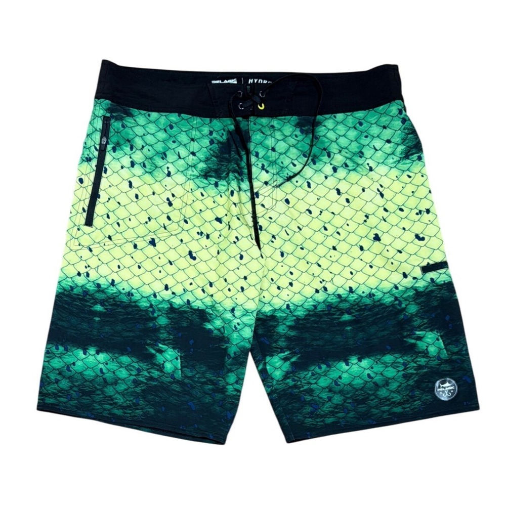 Pelagic Hydro-Lite Mens Green Fish Scale Board Shorts Size 40 Fishing Swim Trunk
